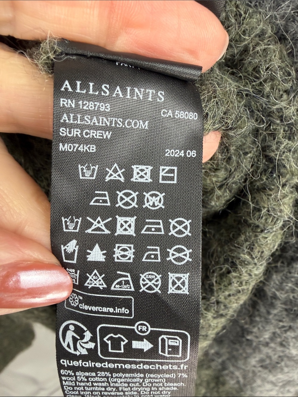 AllSaints Sur Crew Distressed Alpaca Wool Sweater Green Black XXL NWOT - Picture 8 of 11